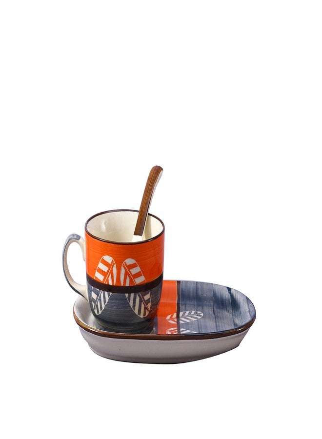 Caffeine Ceramic Handmade Neon Orange Soup Set (1 Soup Cup, 1 Spoon & 1 Tray) (Set of 3) - Image 1